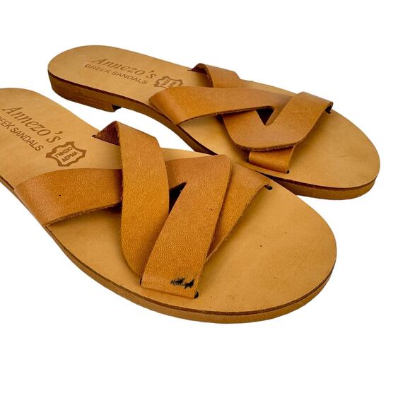 Annezo’s NEW Tan Leather Open Toe Cross Strap Slide On Neutral Greek Sandals - Picture 8 of 11